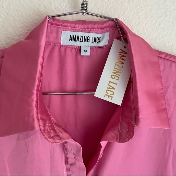 NWT Amazing Lace Pink Satin Shirt Dress - Picture 3 of 10